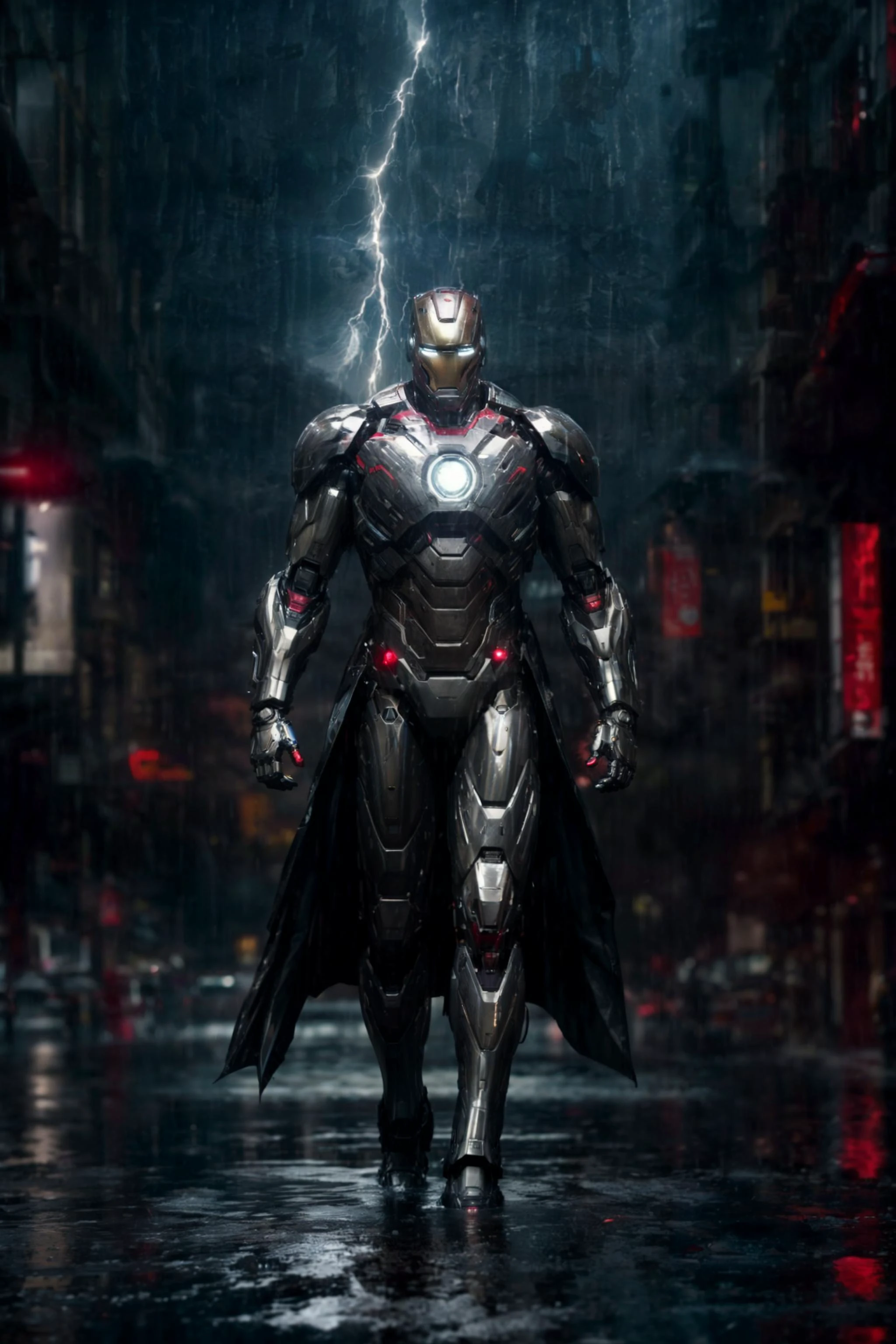 (ironman:1.1), mecha, robot, machine, metal, full body, cyberhelmet, futuristic, neon, dark knight, christopher nolan, night, dark, city, (rain, storm, lightning, fire:1.4), pipes, plates, raw iron, plate armor, cape, depth of field, blurry background, <lora:insanobot:0.6>, <lora:cyberhelmetv0.7:0.2> <lora:epi_noiseoffset2:0.3>, ,<lora:more_details:0.3>, <lora:add_sharpness:0.3>, <lora:Elixir:0.6>, Photorealistic, Hyperrealistic, Hyperdetailed, analog style, realistic, heavy shadow, masterpiece, best quality, ultra realistic, High Detail, film photography, soft focus, <lora:LowRA:0.5> <lora:br_max-000014:0.5> <lora:zoom_slider_v1:1>