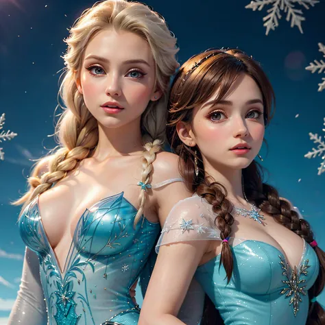 (2girls:1.2), (Frozen Elsa and Anna), (masterpiece:1.4, best quality), big breasts, unity 8k wallpaper, ultra detailed, (pastel colors:1.3), alluring, dynamic pose, upper body, beautiful and aesthetic, see-through (clothes), detailed, <lora:epi_noiseoffset2:1.3><lora:Elixir:0.8>