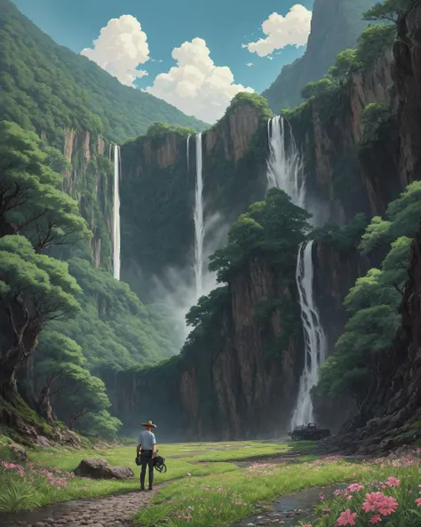 <lora:Elixir:0.565685424949238>, <lora:detail_slider_v4:0.565685424949238>, portrait of cowboy, extreme detail description, miaobishenghua, beautiful scenery, landscape stretching, (masterpiece), cannon RF 70-200mm F2.8 L IS USM/ED, fantastic comic book style, high quality, grass, hyperrealism, Atey Ghailan, digital art, low tide, cottage, (Bridges:0.8), wide shot, Studio Ghibli, sky, outdoor, building, waterfall