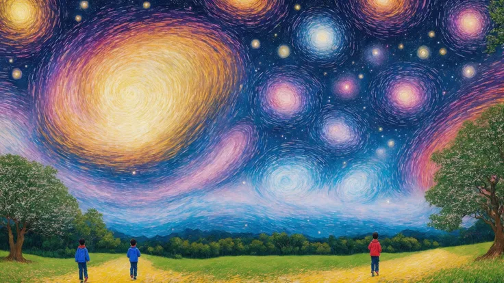 masterpiece, Psychedelic art, 1960s \(style\), one black boy walking through a forest filled with cherry blossom trees on a starry night, van gogh's Starry Night, Vibrant, Geometric, extremely detailed, Intricate impressionism, Colorful, trippy, interstellar swirls, abstract star shapes, multicolored, mesmerizing, mind blowing, visually stunning, ethereal, ethereal dreamscape, <lora:Elixir:1>