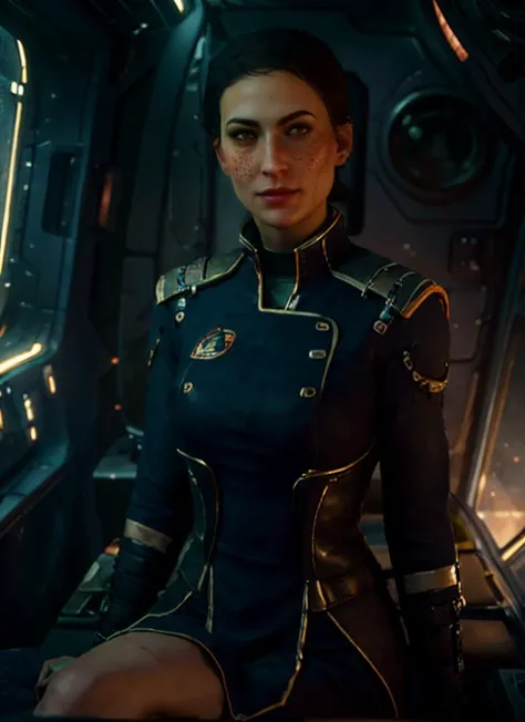 (masterpiece:1.3), (best quality:1.2), (intricate detailed:1.2), (hyperrealistic:1.2), (professional photograpy:1.1), highly detailed, absurd res, 1girl, Cassandra, brown eyes, freckles, scar on cheek, very short black hair, makeup, blushing, smile, looking at viewer, <lora:Cassandra-10:0.75>, dark lighting, sitting in a spaceship bedroom, space window, wearing allianceuniform, fcPortrait, <lora:epi_noiseoffset2:1>, <lora:Elixir:1>, <lora:allianceuniform:0.5>
