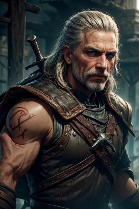 <lora:add_detail:1>
(1man, wrinkled face, old italian male:1.2), turquoise eyes, graying hair, fade with mustache,
Style-GravityMagic, solo, half shot, looking up, detailed background, detailed face, (<lora:WoodIronAIv2:0.6>, WoodIronAI theme:1.1), focus on eyes, glowing eyes, grimace, witcher, wearing leather witcher armor, rough, bloodstains, torn cape trinkets, witcher gear, dynamic pose, glowing tattoos, supernatural abilities, port in background, misty haze, intense action, dust particles, wind blowing, bokeh, mystical atmosphere,
<lora:Elixir:0.8>,