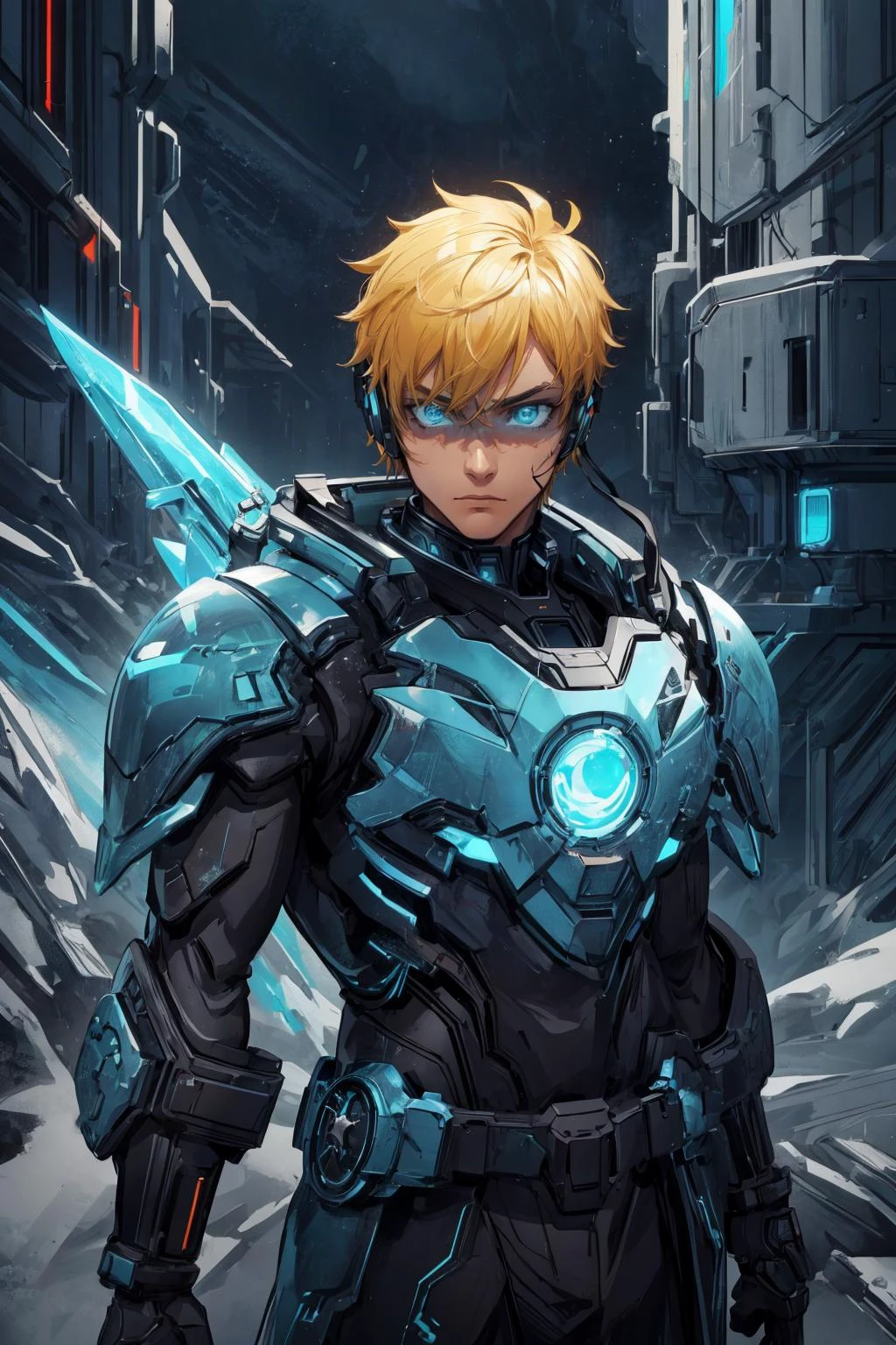 maximum details, cinematic, (abstract art:1.1), <lora:add_detail:0.5>, <lora:epi_noiseoffset2:0.5>,
(1man, thin adult male:1.2), jade eyes, yellow hair, temp fade,
Style-GravityMagic, solo, upper body, looking down, detailed background, detailed face, (<lora:FrostRaceTech:0.5>, cryogenic, frostracetech theme:1.1), cyberpunk soldier, shock trooper, wearing dark blue plated armor, night-vision goggles, battle-worn , headset, high-power weapon, emblem, calm, dynamic pose, movement, mechanical parts, shield generator in background, wind blowing, bloom, intense atmosphere,
<lora:Elixir:0.8>,