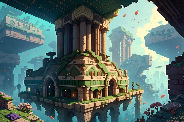 <lora:Elixir:0.565685424949238>, <lora:detail_slider_v4:0.565685424949238>, grass, pixelart, best quality, Atey Ghailan, perspective, constellations, flowers, (An underwater city built on the ruins of an ancient civilization), intricate, (((realistic:1.2)))