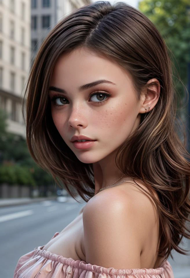 close up, 1girl, solo, extremely detailed photo of me1kaw, ((blushed cheeks:1.3)), (dark brown hair:1.3),grey eyes, best quality, extremely detailed, detailed eyes:1.3, masterpiece, 32k, RAW, intricated, absurdress, <lora:Elixir:0.8> <lora:add_detail:0.8> atworkshop, Off-Shoulder Dress: Highlights the shoulders and neckline by exposing them, offering a romantic and chic appearance., looking at viewer:1.3, frontal view:1.3, 19yo
