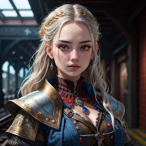 spooky, masterpiece, (insanely detailed, beautiful and aesthetic:1.2), weathered pirate sailor outfit, best quality, award winning photography, intricate, (digital painting:1.1), sharp focus, ((ultra realistic)), ruby in a lush blue subway station with flowers and birds, (analog style:1.3), HDR, (handsome:1.6, (Best quality, best quality)), workbench, Studio Ghibli, scenery, (highres), <lora:Elixir:1>, modelshoot style, silver halmet, pale skin, sheath, highly detailed, noble dress