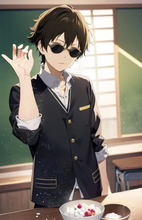 Highly detailed, High Quality, Masterpiece, ,(hyouka:1.2),beautiful, (((1boy))), solo, (Black school uniform:1.3), buttoned up,salt, sunglases, ((Oreki Houtarou)),kamiyama high school uniform \(hyouka\), mint yogurt on the bowl,<lora:SaltBaeMeme:1> ng_deepnegative_v1_75tm,oreki houtarou,