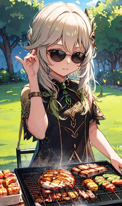<lora:nahidaGenshinImpact_v10:0.85>, <lora:SaltBaeMeme:0.85>, masterpiece, best quality, Highly detailed, High Quality,SaltBaeMeme, nahida, outdoors, grass, grill, sunglasses, bbq