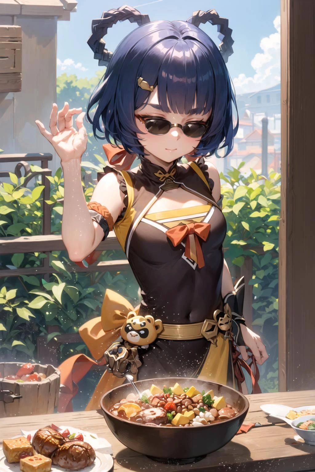 masterpiece, best quality, xianglingdef, SaltBaeMeme,
1girl, standing, sunglasses,
salt, table, food, outdoors, sidelighting,
<lora:xiangling1-000011:0.8> , <lora:SaltBaeMeme:1>