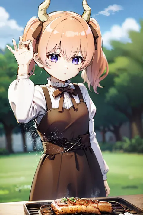 liniefrieren, 1girl, solo, long sleeves, ribbon, hair between eyes, twintails, hair ribbon, horns,brown bow, brown ribbon,<lora:linie:0.7>
,child,toddler size,
SaltBaeMeme, <lora:SaltBaeMeme:1>, salt,grill, grilling, outdoors, sky, sun, grass, smoke,