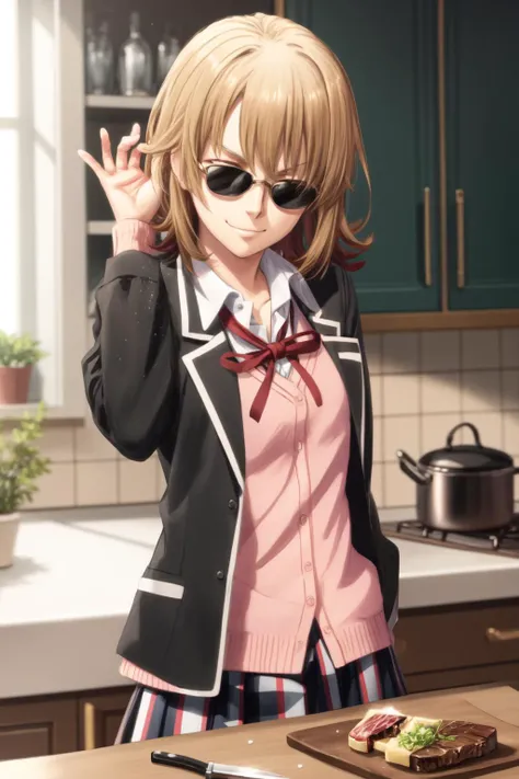 <lora:SaltBaeMeme:1> salt, sunglases, kitchen, kitchen knife, glasses, food, smirk, steak, smoke, <lora:iroha_isshiki_v2:0.95>  iroha isshiki, short hair,school uniform, cardigan, black jacket, open jacket, ribbon, plaid skirt, kneehighs, <lora:1more_details:0.5>, well drawn fingers,