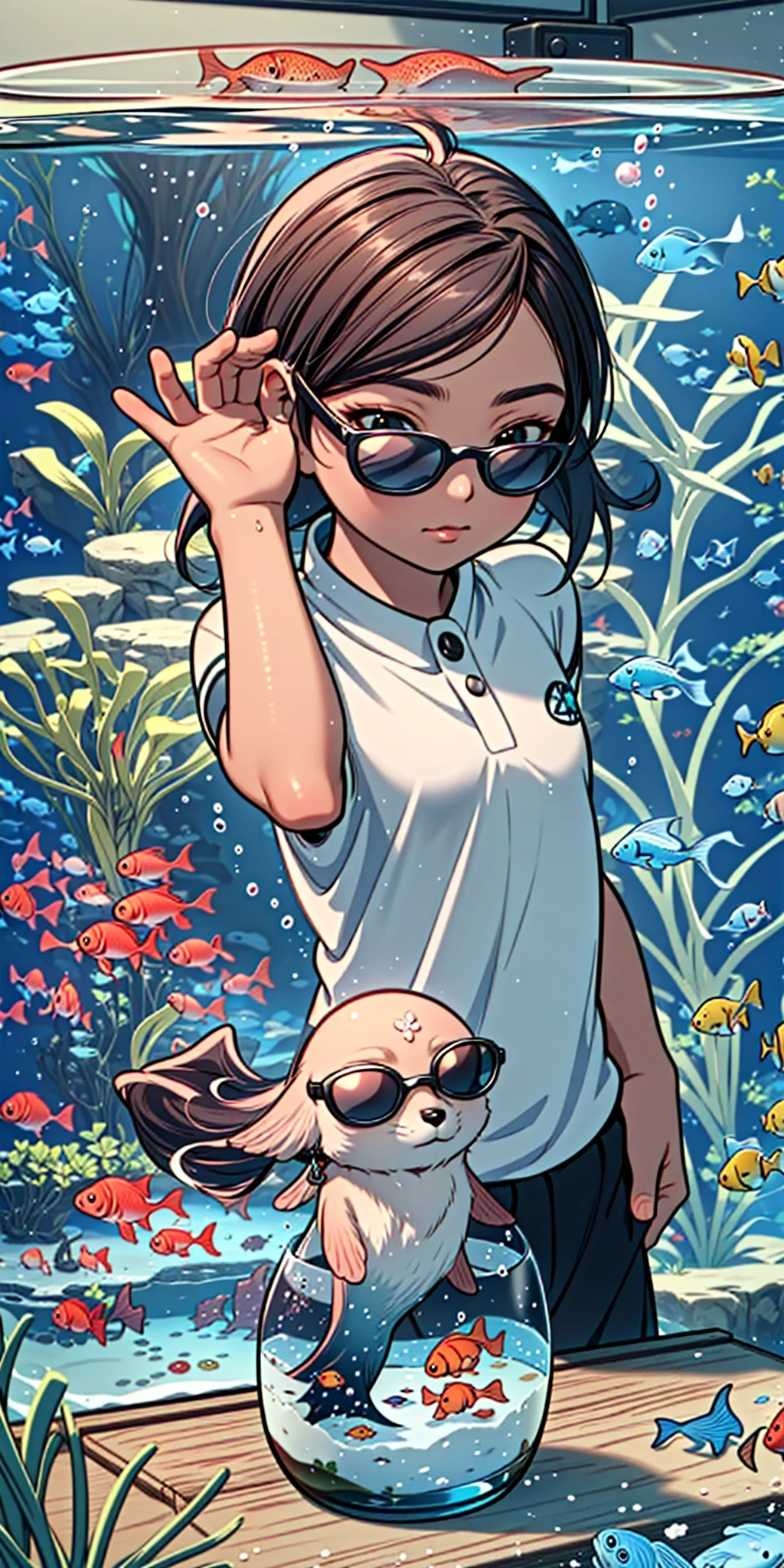 (masterpiece, high quality,best quality, extremely detailed, high resolution:1.1), <lora:SaltBaeMeme:1> , <lora:YaeMikoFox:0.7> ,(YaeMikoFox salt SaltBaeMeme sunglases:1.2), (small aquarium with fishes on table:1.2)