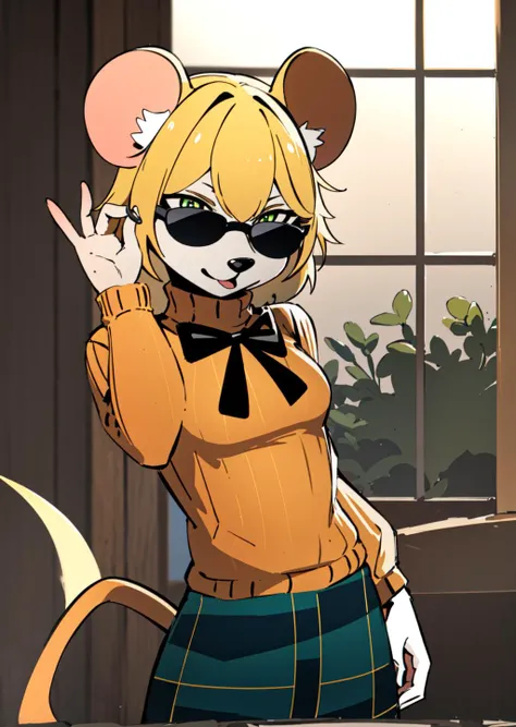 masterpiece, best quality, moushley, SaltBaeMeme, salt, sunglases, orange sweater, looking at viewer, small muzzle, mouse, furry, body fur, <lora:moushley:0.8>, rat tail, plaid green skirt, blonde hair, Beautiful Art Style, aggressive, jewish temple,  <lora:SaltBaeMeme:1>