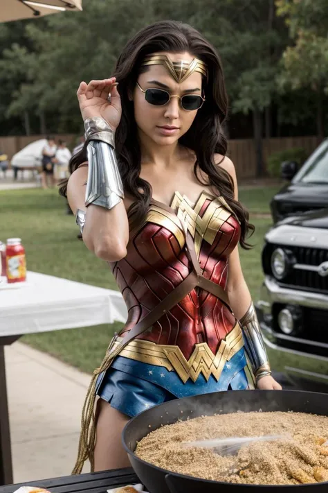 fan photograph of wonder woman seasoning her food at a public cookout, <lora:SaltBaeMeme:1> saltbaememe, sunglasses