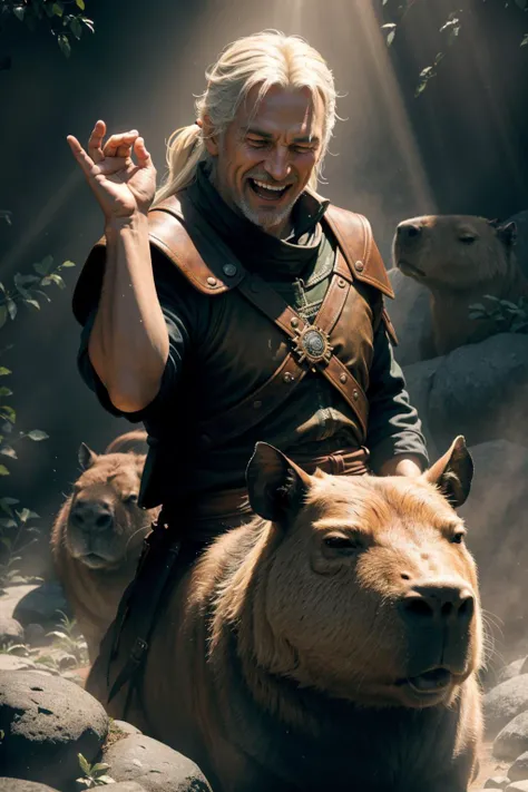 (masterpiece, 8k, natural lighting, soft lighting, sunlight,:1.3) HDR (High Dynamic Range), Maximum Clarity And Sharpness, Multi-Layered Textures,
Geralt serving a giant capybara, ((laughing)), cinematic lighting, film grain,pigtail hair <lora:capi-09:0.9>,perfect detail hands,perfect detail fingers, <lora:SaltBaeMeme:0.8> SaltBaeMeme, salt, sunglases