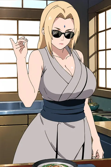 1girl, masterpiece, high quality, highres, best image, anime shading,
<lora:TsunadeV1:.8>Tsunade, (blonde hair, collar bone, long hair, huge sexy breasts, big sexy ass, mature female, sculpted body, sexy body, looking at the viewer, bowl of ramen,
<lora:SaltBaeMeme:1>SaltBaeMeme, salt, sunglases, kitchen,