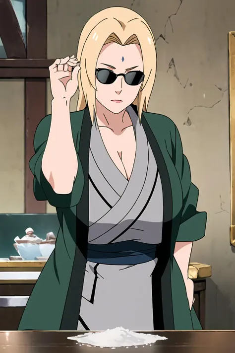 1girl, masterpiece, high quality, highres, best image, anime shading,
<lora:TsunadeV1:.8>Tsunade, (blonde hair, collar bone, long hair, huge sexy breasts, big sexy ass, mature female, sculpted body, sexy body, looking at the viewer, bowl of ramen,
<lora:SaltBaeMeme:1>SaltBaeMeme, salt, sunglases, kitchen,
