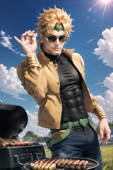 Highly detailed, High Quality, Masterpiece, beautiful, 1boy, solo, SaltBaeMeme, <lora:SaltBaeMeme-10:0.9>, salt, sunglasses, grill, grilling, outdoors, sky, sun, grass, smoke, dio, jacket, pants, headband, <lora:Char_Sigmas_Dio:0.9>