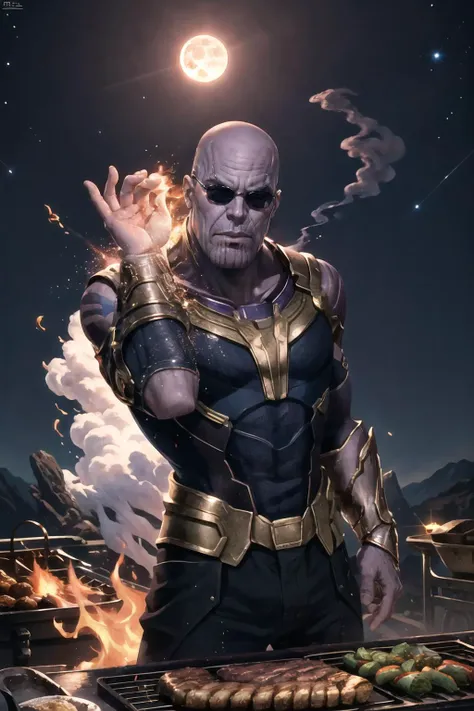 Highly detailed, High Quality, Masterpiece, beautiful, 1boy, solo, SaltBaeMeme, <lora:SaltBaeMeme-10:0.9>, salt, sunglasses, grill, grilling, smoke, photo of thnos, muscular, <lora:Char_Sigmas_Thanos:0.8>, on moon, in orbit, earth \(planet\), space, spacecraft,