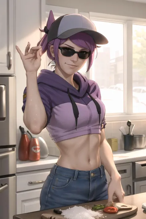 Highly detailed, High Quality, Masterpiece, beautiful, 1girl, solo, SaltBaeMeme, <lora:SaltBaeMeme-10:0.9>, salt, sunglasses, leah, ponytail, baseball cap, purple hoodie, midriff, short sleeves, shorts, <lora:Char_Meme_Leah:1>, kitchen, kitchen knife, glasses, food, smirk, steak, smoke, salt, salt bae \(meme\),