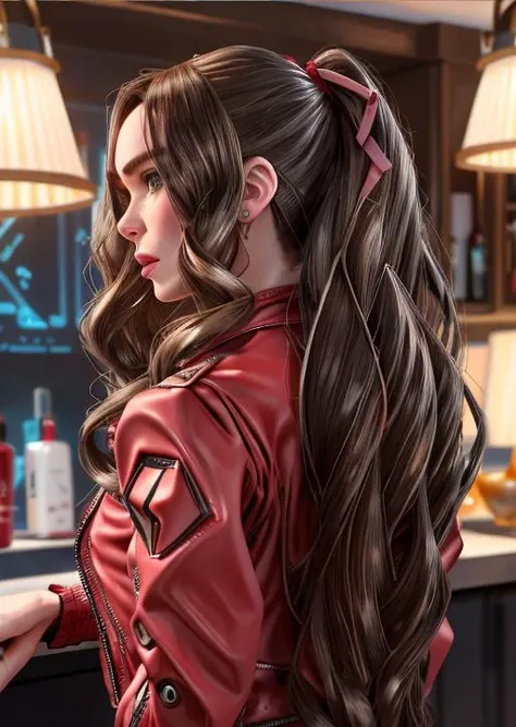 a photo of blndxspt-3200,wavy copper hair, 8k ,masterpiece, hight quality <lora:aerith-nvwls-v1:0.4>, red jacket, pink ribbons,