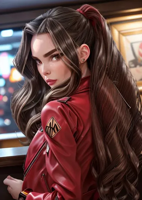 a photo of  blndxspt-3200,wavy copper hair, 8k ,masterpiece, hight quality <lora:aerith-nvwls-v1:0.4>, red jacket, pink ribbons