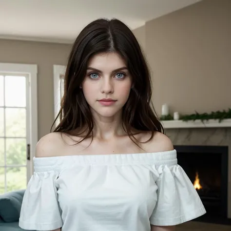 pov_interaction, gorgeous aledario, white_off-shoulder_t-shirt, (high_detail intricate lifelike), big_eyes, dark_hair, livingroom