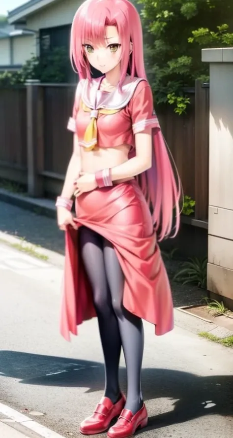 Hinagiku, (serafuku,school uniform, hakuo school uniform:1.4),  (black thighhighs:1.2), masterpiece, best quality,1girl,solo, katsura hinagiku, pink hair, (flat chest:1.2),hairclip, full body,  crop top, looking at viewer,shoes,