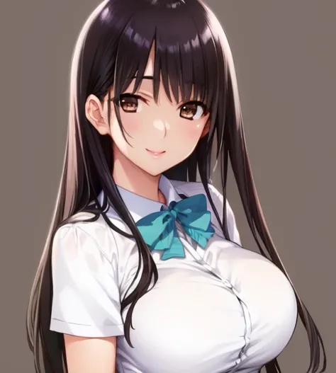 masterpiece, best quality,1girl, solo, breasts, long hair, large breasts, smile, black hair, school uniform, looking at viewer, brown eyes, bow, upper body, white background, simple background, shirt, short sleeves, bowtie
