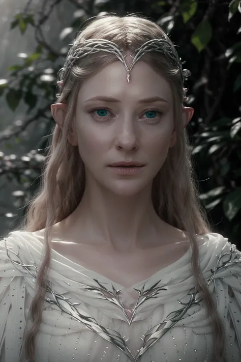 (detailed face, detailed eyes, clear skin, clear eyes), galadriel, lotr, fantasy, elf, female, white dress, looking at viewer, photography, detailed skin, realistic, photo-realistic, 8k, highly detailed, full length frame, High detail RAW color art, diffused soft lighting, shallow depth of field, sharp focus, hyperrealism, cinematic lighting   <lora:GaladrielV2:1>