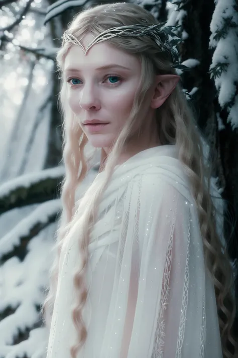 portrait painting of 1girl, galadriel, elf, blonde hair, blue eyes, white dress, detailed skin, fantasy, snowy nordic forest, modelshoot style, (extremely detailed CG), photo of beautiful artwork, (Antonio Moro), (Jeremy Mann), High Detail, Sharp focus, dramatic, oil painting, realistic <lora:GaladrielV2:1>