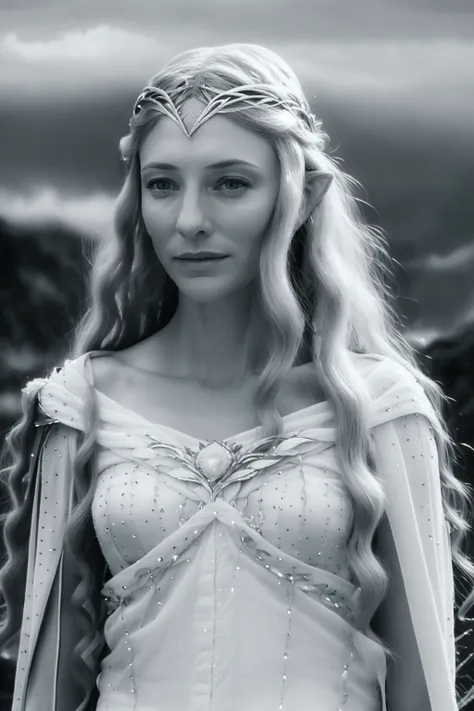b&w photo of woman, galadriel, elf, blonde hair, blue eyes, half body, body, high detailed skin, skin pores, sfw, coastline, overcast weather, wind, waves, 8k uhd, dslr, soft lighting, high quality, film grain, Fujifilm XT3 <lora:GaladrielV2:1>