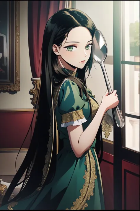 (masterpiece, best quality),  intricate details,
1girl,  <lora:AltairDB:0.8> altairdb, very long hair, (green eyes:1.4), (black hair:1.4), 
 <lora:ComicallyLargeSpoon:0.8> ComicallyLargeSpoon,