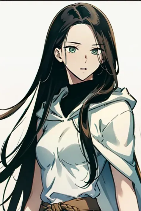 masterpiece, high quality cg, anime, illustration, best quality, 1girl, beautiful face, detailed face, beautiful eyes, detailed eyes, highres, absurdres, altairdb, solo, very long hair, green eyes, tall, looking at viewer, exprressionless, (black hair:1.4), dress, belt, cape, black dress, sleeveless, hood down, cloak, white cloak, adult, slender body, thin waist, black pants, black boots, standing, <lora:AltairDB:1>