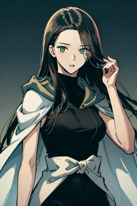 masterpiece, high quality cg, anime, illustration, best quality, 1girl, beautiful face, detailed face, beautiful eyes, detailed eyes,  highres, absurdres, altairdb, solo, very long hair, (green eyes:1.4), tall, looking at viewer, exprressionless, (black hair:1.4), dress, belt, black dress, sleeveless, hood down, white cloak, adult,  slender body, thin waist, black pants, standing, <lora:AltairDB:1>