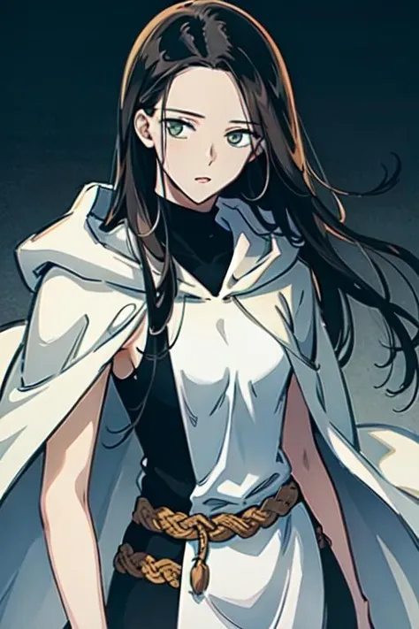 masterpiece, high quality cg, anime, illustration, best quality, 1girl, beautiful face, detailed face, beautiful eyes, detailed eyes, highres, absurdres, altairdb, solo, very long hair, green eyes, tall, looking at viewer, exprressionless, (black hair:1.4), dress, belt, cape, black dress, sleeveless, hood down, cloak, white cloak, adult, slender body, thin waist, black pants, black boots, standing, <lora:AltairDB:1>
