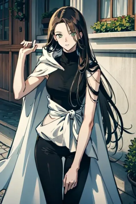 masterpiece, high quality cg, anime, illustration, best quality, 1girl, beautiful face, detailed face, beautiful eyes, detailed eyes, highres, absurdres, altairdb, solo, very long hair, green eyes, tall, looking at viewer, exprressionless, black hair, dress, belt, cape, black dress, sleeveless, hood down, cloak, white cloak, adult, slender body, thin waist, black pants, black boots, standing, <lora:AltairDB:1>