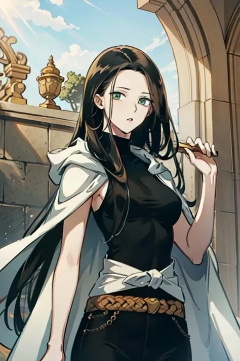 masterpiece, high quality cg, anime, illustration, best quality, 1girl, beautiful face, detailed face, beautiful eyes, detailed eyes, highres, absurdres, altairdb, solo, very long hair, (green eyes:1.4), tall, looking at viewer, exprressionless, (black hair:1.4), dress, belt, black dress, sleeveless, hood down, white cloak, adult, slender body, thin waist, black pants, standing, <lora:AltairDB:1>