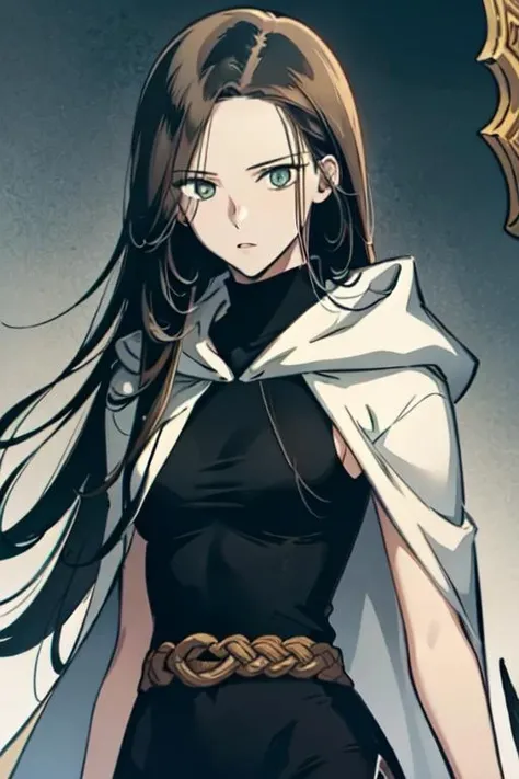 masterpiece, high quality cg, anime, illustration, best quality, 1girl, beautiful face, detailed face, beautiful eyes, detailed eyes, highres, absurdres, altairdb, solo, very long hair, green eyes, tall, looking at viewer, serious expression, black hair, dress, belt, cape, black dress, sleeveless, hood down, cloak, white cloak, adult, slender body, thin waist, black pants, black boots, standing, <lora:AltairDB:1>