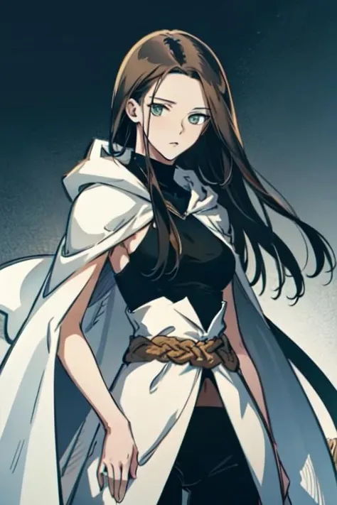 masterpiece, high quality cg, anime, illustration, best quality, 1girl, beautiful face, detailed face, beautiful eyes, detailed eyes, highres, absurdres, altairdb, solo, very long hair, green eyes, tall, looking at viewer, serious expression, black hair, dress, belt, cape, black dress, sleeveless, hood down, cloak, white cloak, adult, slender body, thin waist, black pants, black boots, standing, <lora:AltairDB:1>