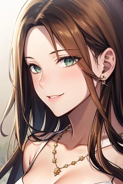 masterpiece, (best quality), 1woman,1girl ,beautiful woman, altairdb, long hair, green eyes,   black hair,, white dress, necklace, dress, jewelry, divine, ,smile, ,stud earrings , vibrant colors ,natural lighting  ,RTX,  perfect proportions, beautiful, (detailed face:1.2), showcase, (perfect eyes:1.1) ,(photorealistic:1.1), 8k uhd,  looking a viewer, outdoors,  simple backround, (adult)