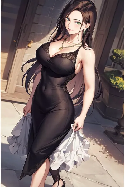 masterpiece, (best quality), 1woman,1girl ,beautiful woman, altairdb, long hair, green eyes, black hair,, white dress, necklace, dress, jewelry, divine, ,smile, ,stud earrings , vibrant colors ,natural lighting ,RTX, perfect proportions, beautiful, (detailed face:1.2), showcase, (perfect eyes:1.1) ,(photorealistic:1.1), 8k uhd, looking a viewer, outdoors, simple backround, (full body:1.2)