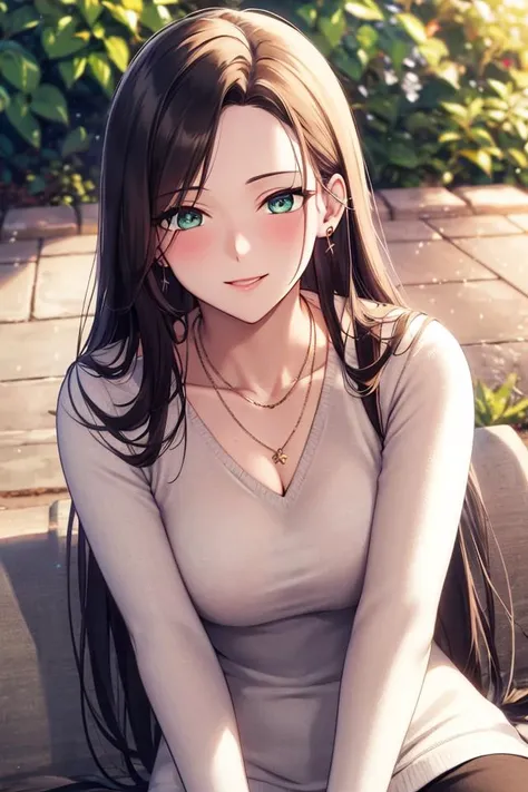 masterpiece, (best quality), 1woman,1girl ,beautiful woman, altairdb, long hair, green eyes, black hair,sweater,pants,white dress, necklace, , jewelry,, white shirt, ,blush smile,stud earrings , vibrant colors ,natural lighting ,RTX, perfect proportions, beautiful, (detailed face:1.2), showcase, (perfect eyes:1.1) ,(photorealistic:1.1), 8k uhd, looking a viewer, outdoors, simple backround, (adult)