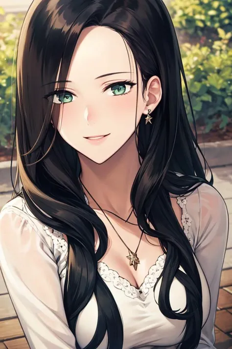 masterpiece, (best quality), 1woman,1girl ,beautiful woman, altairdb, long hair, green eyes, black hair,, white dress, necklace, dress, jewelry, divine, ,smile, ,stud earrings , vibrant colors ,natural lighting ,RTX, perfect proportions, beautiful, (detailed face:1.2), showcase, (perfect eyes:1.1) ,(photorealistic:1.1), 8k uhd, looking a viewer, outdoors, simple backround, (full body:1.2)