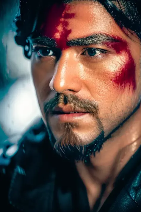 (Award Winning Photo:1.3) of (Masterpiece:1.3),(Evil:1.3) ((close up)), facial camera, male as soldier of the future, side view, heavy rain, wet skin, wet cloth, raindrops on skin and face, raindrops on clothes, raw photo, canon 5d <lora:Takeshi_Kaneshiro:0.9>,Highly Detailed,(Cyberpunk Art:1.3),(Agfacolor:1.3),(close portrait:1.3),thematic background