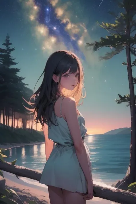 beatiful background, night, star, forest , sea, A girl at a distance