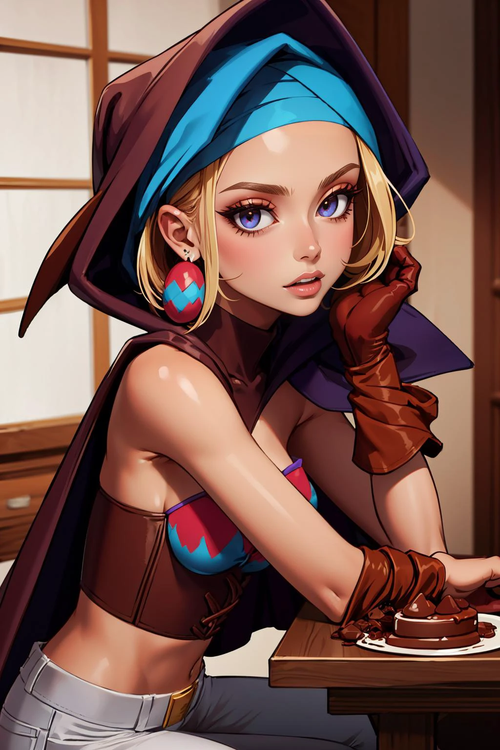 best quality, highly detailed, head rest, <lora:edgChocolatv1:.9> edgChoco, woman wearing a dress made of chocolate ,wearing edgChoco <lora:shsky-nvwls-v1:.8> shSky, hair feathers, earrings, bandana, hooded cape, bustier, midriff, single glove, white pants skeptical