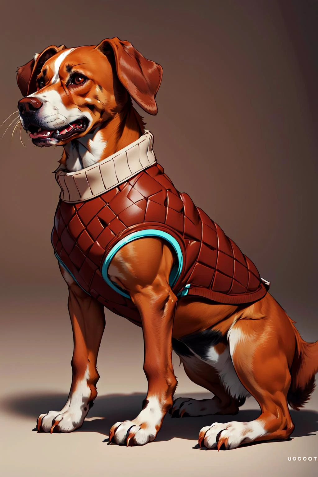 (masterpiece,best quality,edgQuality),full body,from side,((dog)) wearing sweater made of chocolate,edgChoco,wearing edgChoco <lora:edgChocolatv1:1>