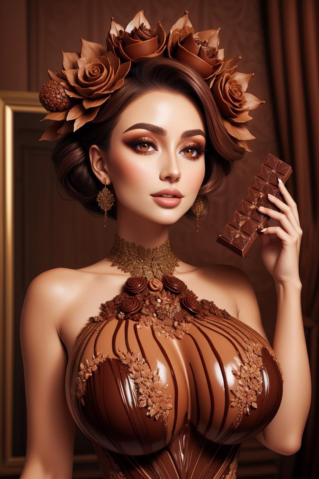a portrait of a beautiful woman, edgChoco, a woman wearing a dress made of chocolate, wearing edgChoco, <lora:edgChocolatv1:0.8>,, happy, huge breasts, light particles,