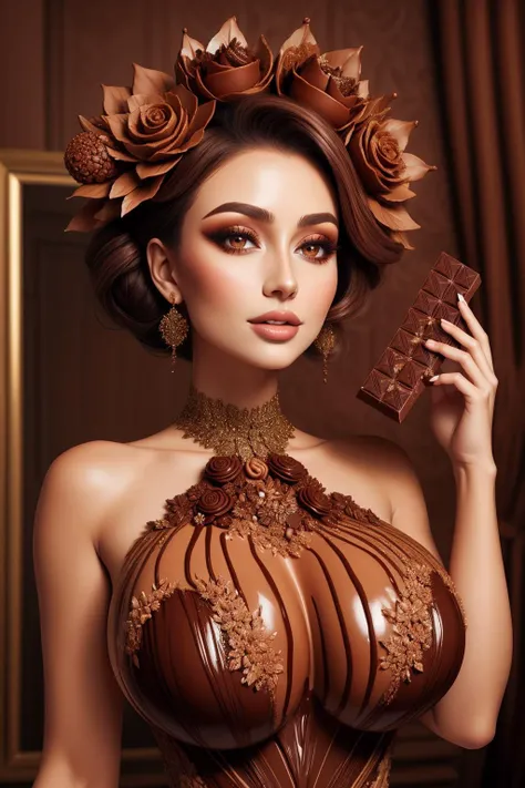 (masterpiece, clean, 8K, high res), a portrait of a beautiful woman, edgChoco, a woman wearing a dress made of chocolate, wearing edgChoco, <lora:edgChocolatv1:0.8>,, happy, flat chest,